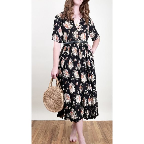 Vintage Flowy Button Up Midi Dress Floral Pleated Cottagecore Preppy Hippie Boho - Picture 3 of 8